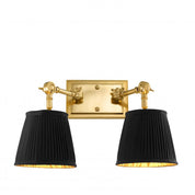Lámpara de pared Wentworth con acabado dorado doble y pantallas negras.
