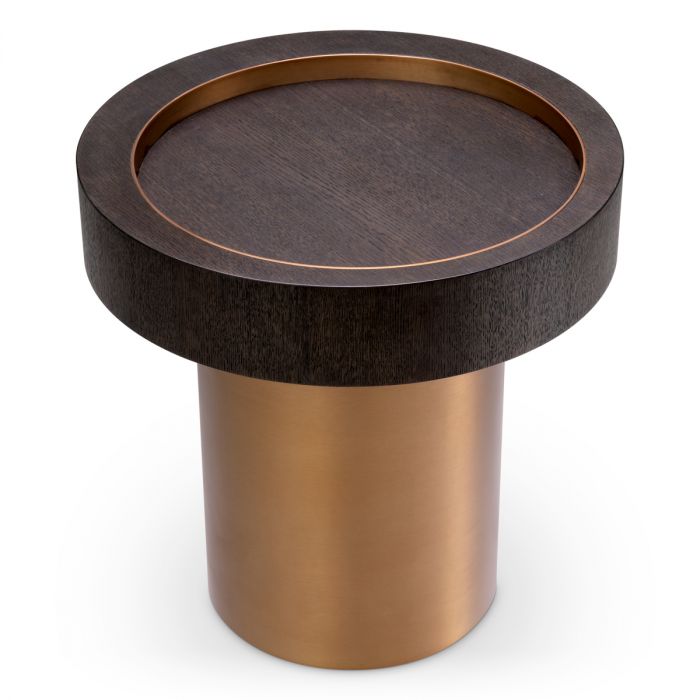 Side Table Otus round mocha oak veneer brushed brass finish