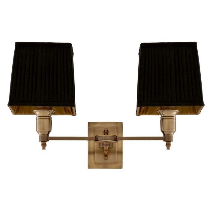 Lámpara de pared Lexington doble con acabado en latón antiguo y pantallas negras.