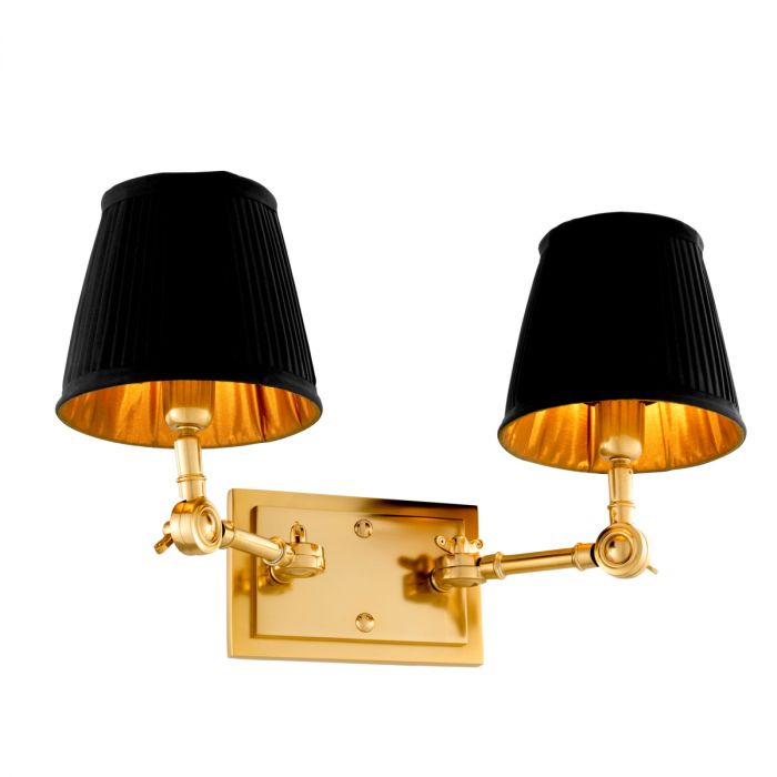 Lámpara de pared Wentworth con acabado dorado doble y pantallas negras.