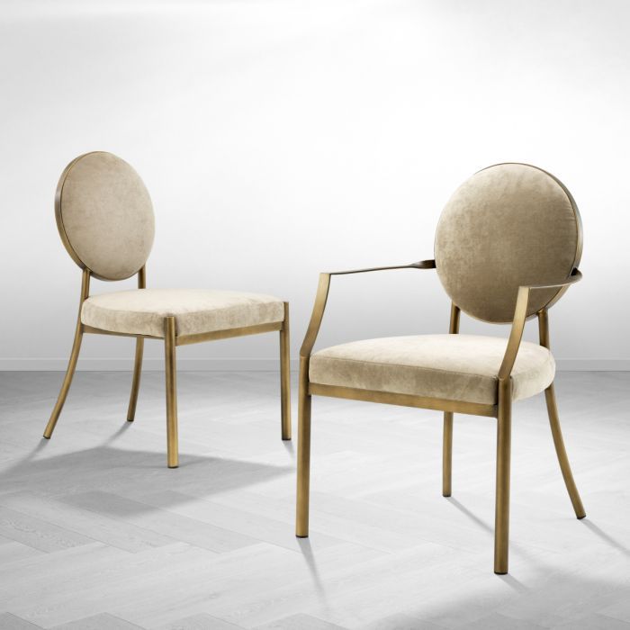 Dining Chair Scribe with arm dark brass greige velvet