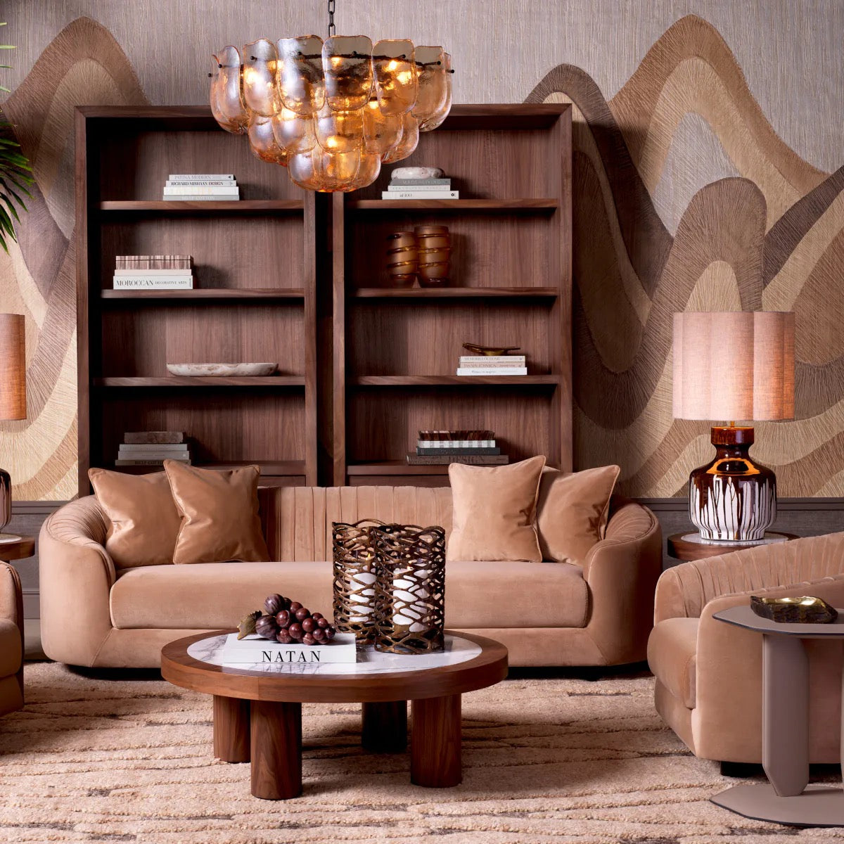 Brown sofa with walnut coffeetable, luxury design living room