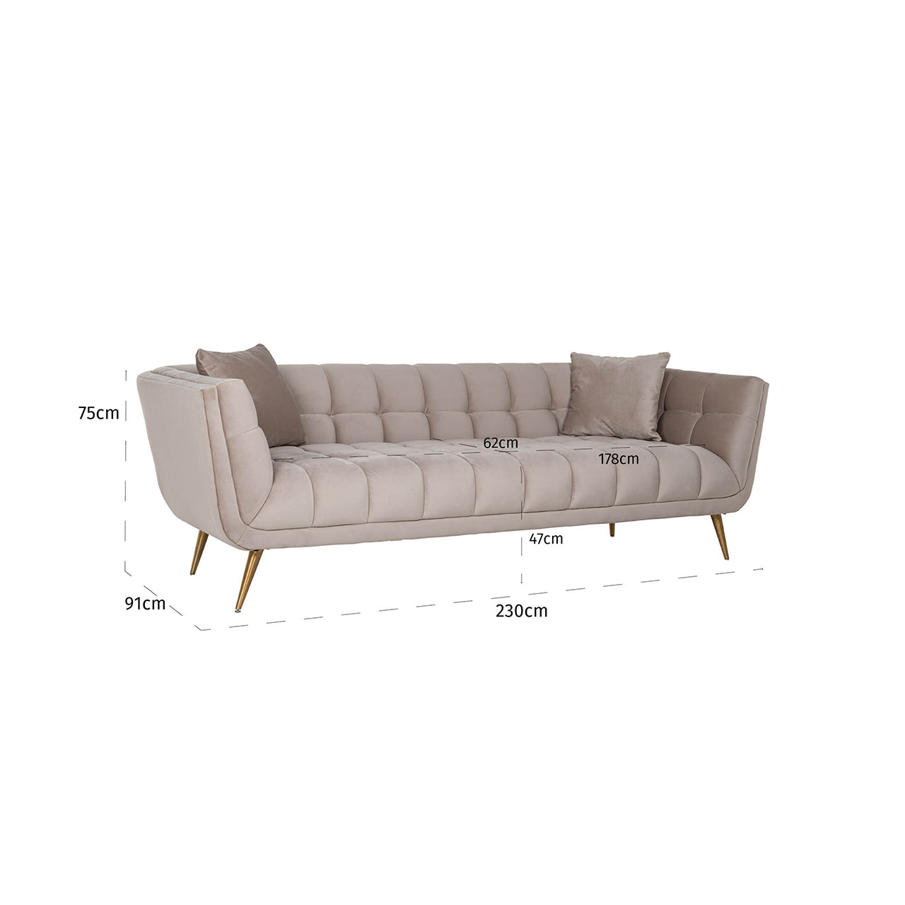 Sofá Huxley Terciopelo Caqui / Oro cepillado (Quartz Khaki 903)